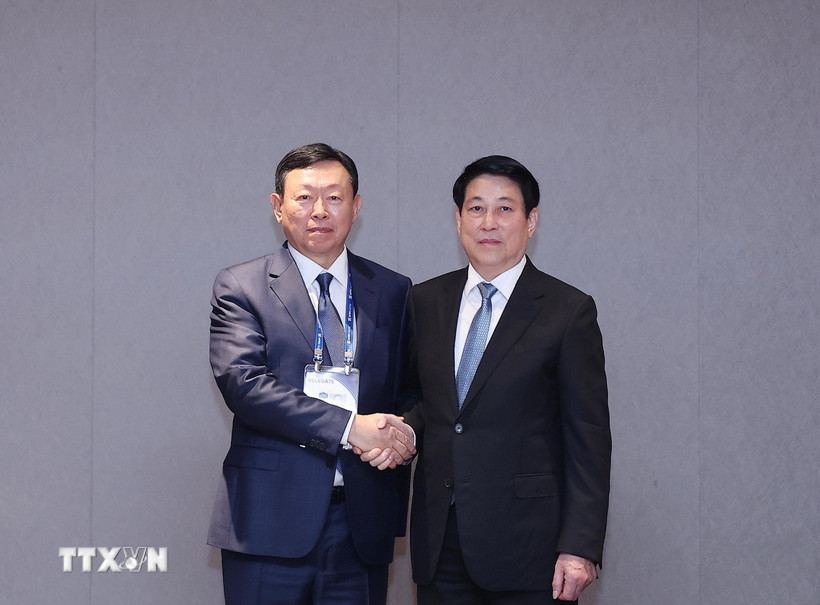 Chủ tịch nước Lương Cường tiếp Chủ tịch Tập đoàn Lotte Shin Dong-bin. Ảnh: TTXVN.