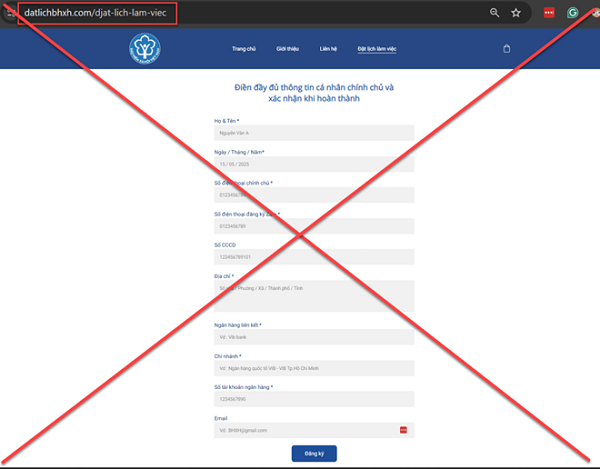 Trang web giả mạo datlichbhxh[.]com có giao diện tương tự trang chính thức. Ảnh: BHXH Việt Nam.