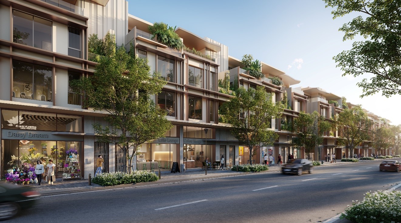 Dãy phố Boutique Townhouse nổi bật với kiến trúc “cascade”&nbsp;đặc trưng của dự&nbsp;án, mang&nbsp;đến nhịp sống sôi&nbsp;động giữa lòng khu&nbsp;đô thị. Ảnh: CapitaLand.