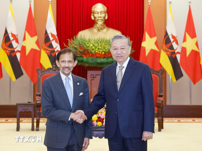Tổng Bí thư Tô Lâm và Quốc vương Brunei Haji Hassanal Bolkiah. Ảnh: TTXVN.
