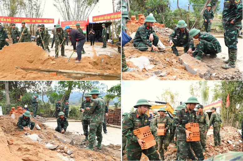 Lực lượng quân đội hỗ trợ dựng lại nhà cho dân. Ảnh: QK5.
