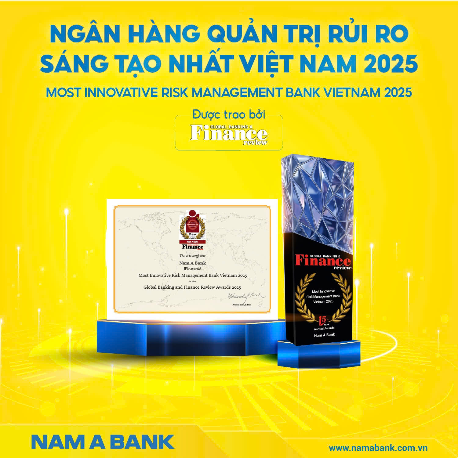 Nam A Bank nhận giải thưởng “88PG88 ưu đãi hấp dẫn mỗi ngày quản trị rủi ro sáng tạo nhất Việt Nam 2025” do Tạp chí Global Banking and Finance Review trao tặng.