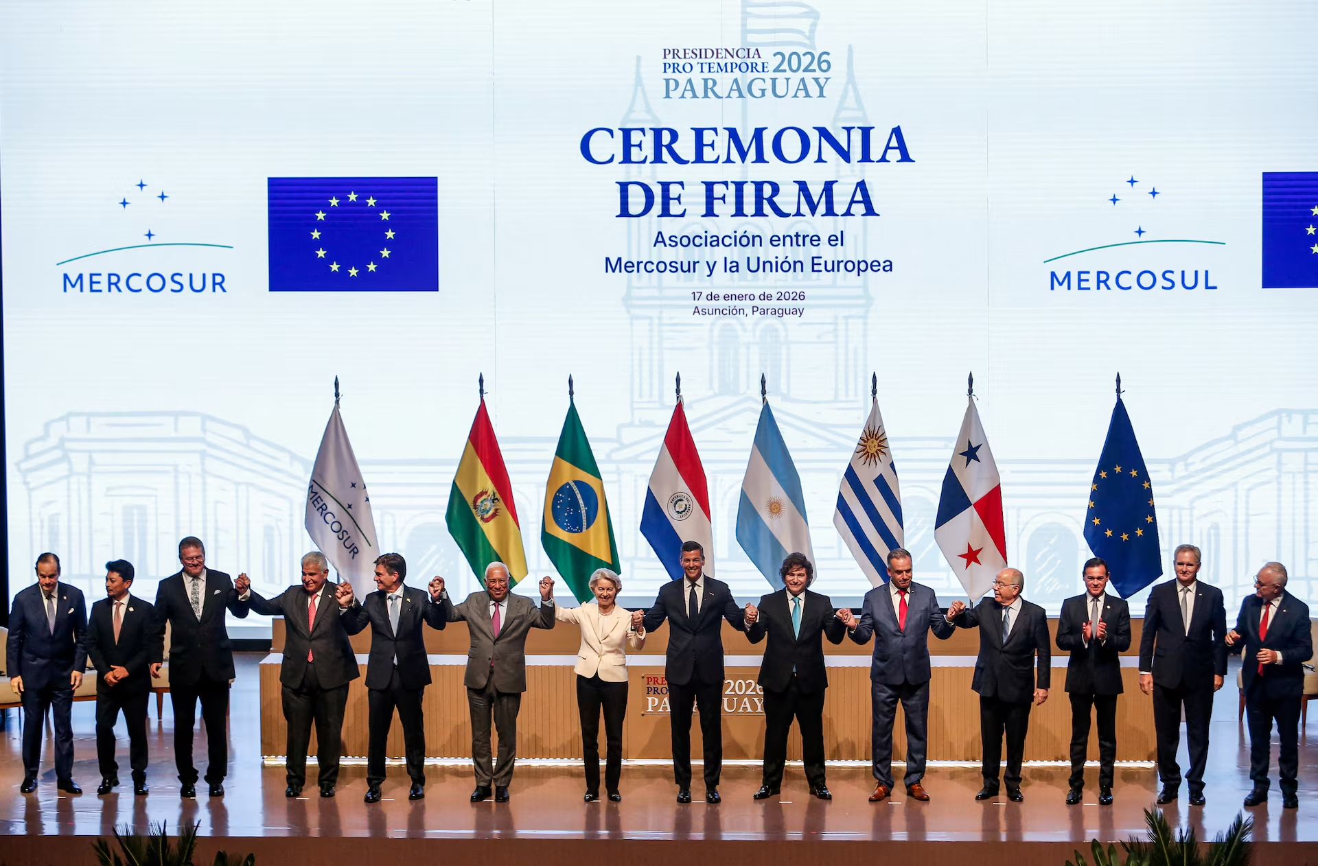 Lãnh đạo EU và các nước trong khối Mercosur tại lễ ký kết thỏa thuận PG88 Sòng bạc trực tuyến TOP 1 Việt Nam | Casino, Nổ Hũ ở Asuncion, Paraguay hôm 17/1/2026 - Ảnh: Reuters.