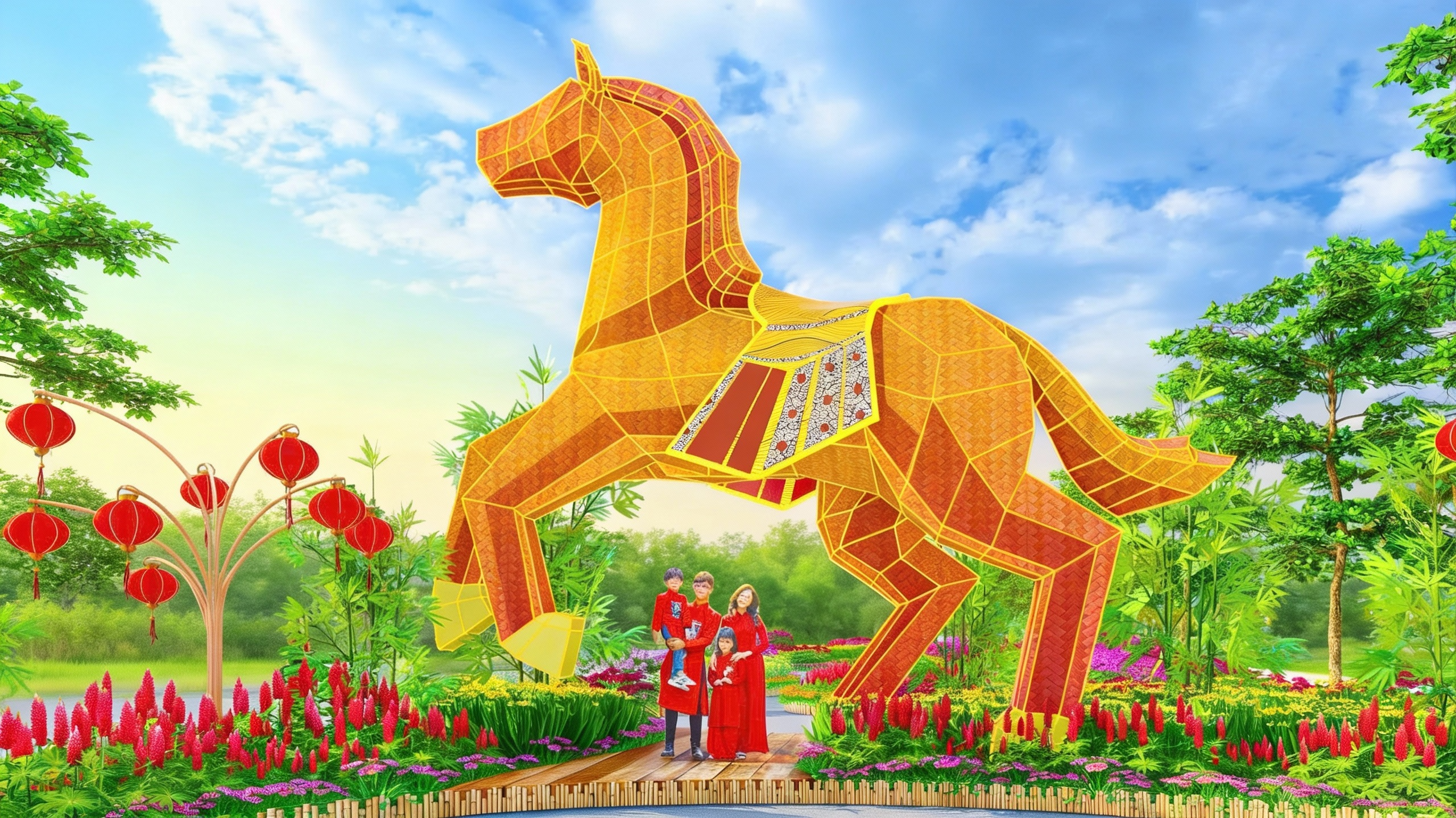 Linh vật Phúc Mã cao 7 mét, dài 10 mét trở thành điểm nhấn trung tâm của đường hoa Home Hanoi Xuan 2026.