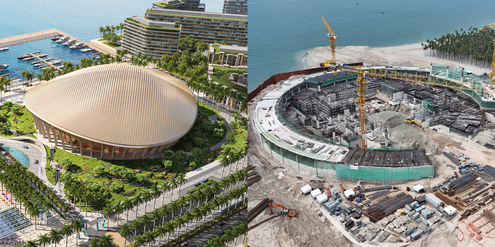 Phối cảnh và công trường Trung tâm Tổ chức Hội nghị APEC tại đặc khu Phú Quốc - Ảnh: SunGroup.