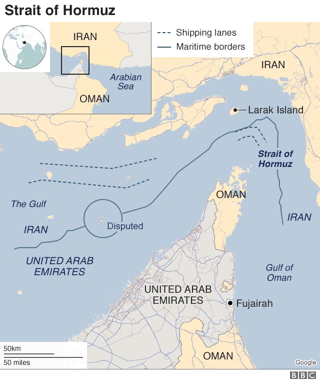 Cơ quan Thông tin Năng lượng Mỹ (EIA) mô tả eo biển Hormuz là “điểm nghẽn vận chuyển dầu mỏ quan trọng nhất thế giới”. Ảnh: BBC