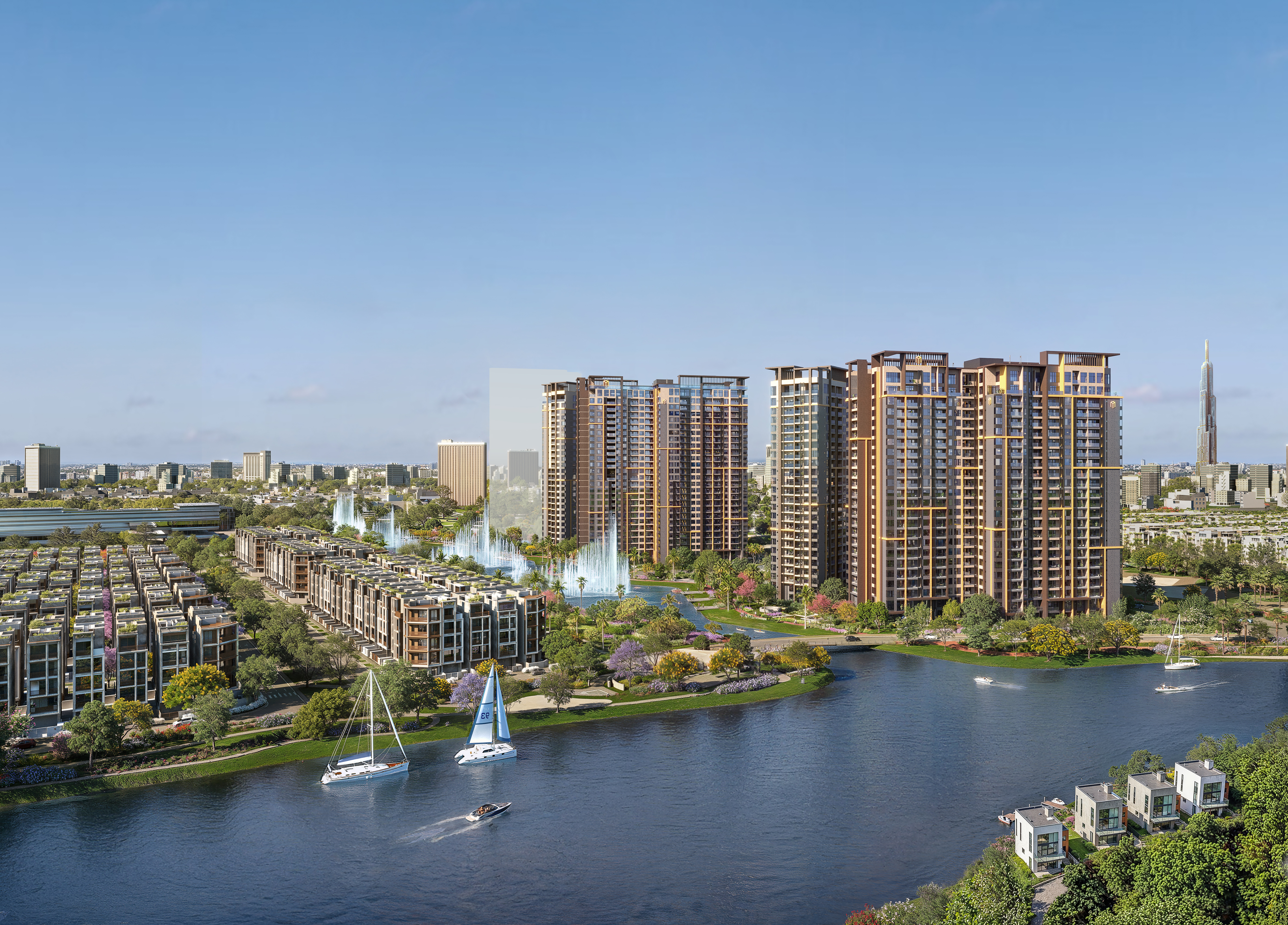 Masteri Park Place sở hữu vị thế giáp thủy độc đáo: một mặt hướng sông Rạch Chiếc, một mặt hướng kênh đào nhạc nước sôi động.&nbsp;Ảnh:&nbsp;Masteri Park Place.