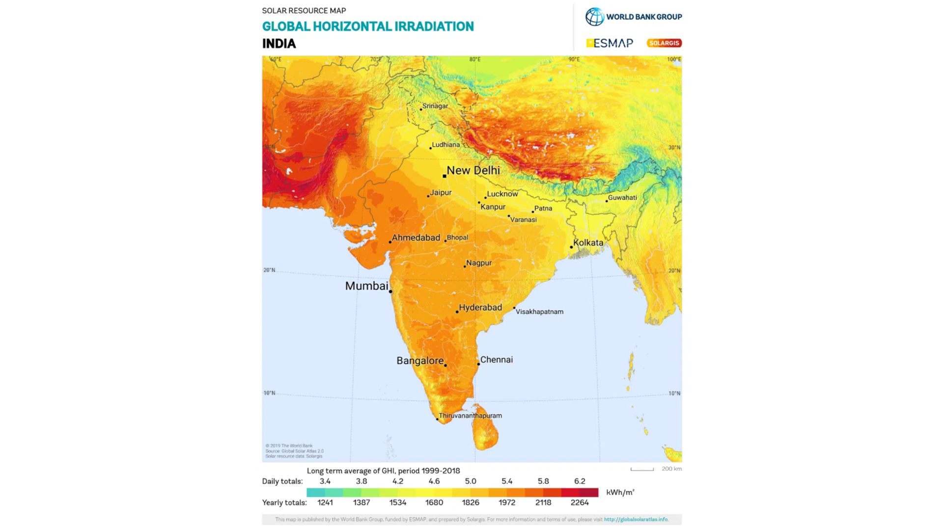 Bản đồ&nbsp;tài nguyên mặt trời của Ấn Độ với các khu vực phía Nam và Tây Bắc (Rajasthan, Gujarat, Andhra Pradesh) có màu cam – đỏ đậm, cho thấy tiềm năng rất lớn. Nguồn: Solar GIS