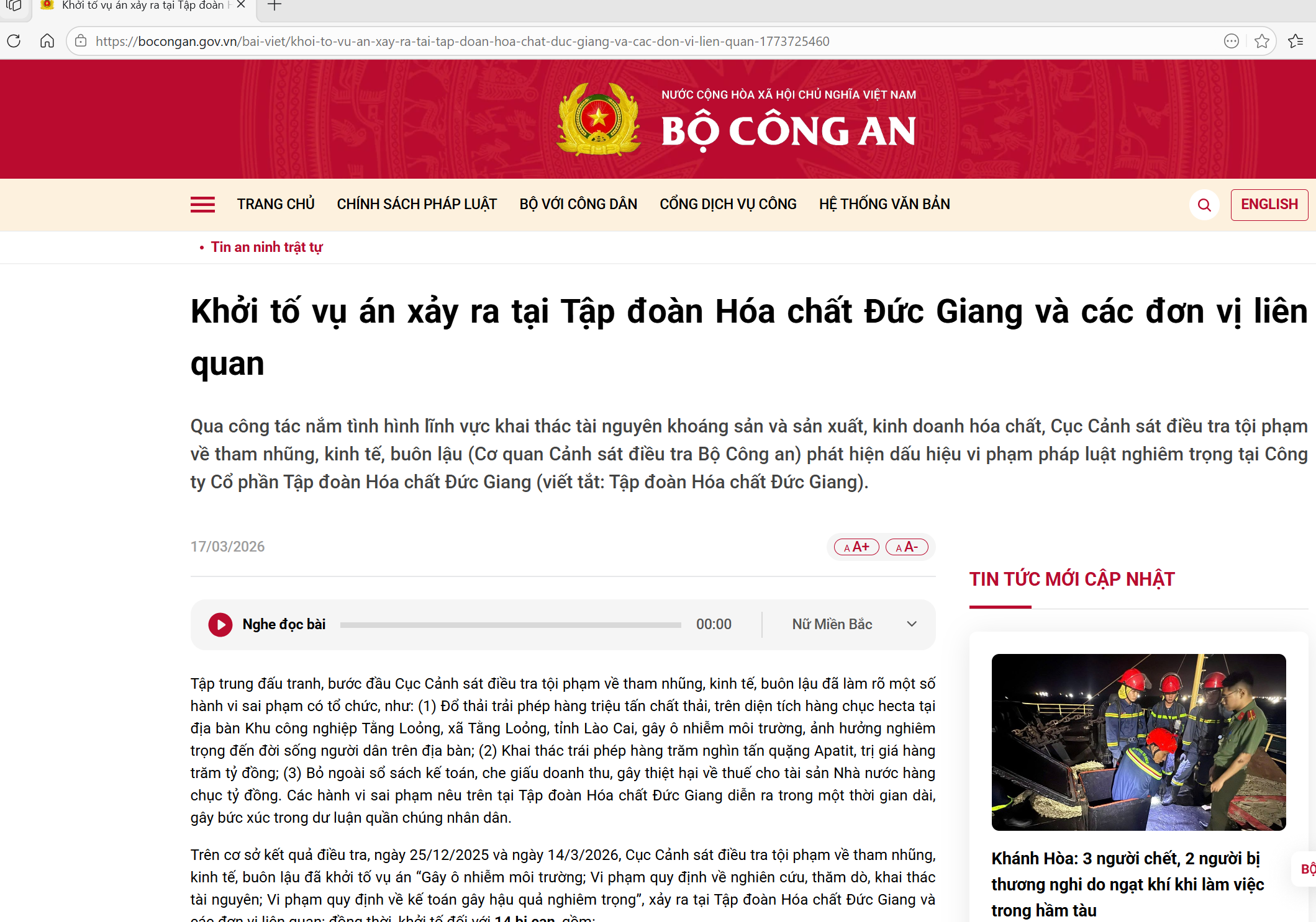 Khởi tố vụ án xảy ra tại Tập đoàn Hóa chất Đức Giang