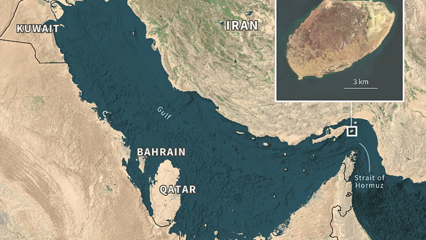 Ảnh chụp từ vệ tinh eo biển Hormuz, với đảo Larak của Iran được phóng to - Ảnh: Getty/CNBC.