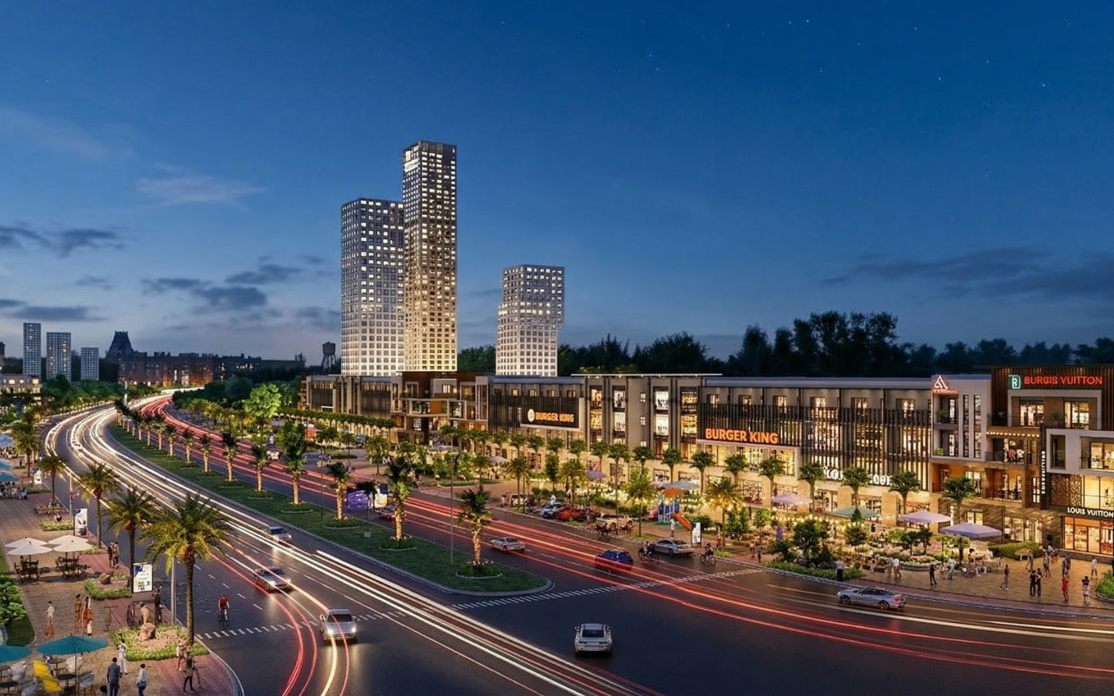 Shophouse đại lộ The Greenery 2 mặt tiền đại lộ Bắc - Nam VSIP kết nối trực tiếp đại lộ Lê Hồng Phong qua cầu Nguyễn Trãi. Ảnh phối cảnh.