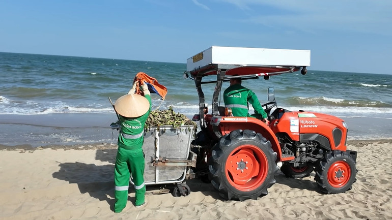 Công nhân môi trường thu gom rác trên bãi biển Sầm Sơn