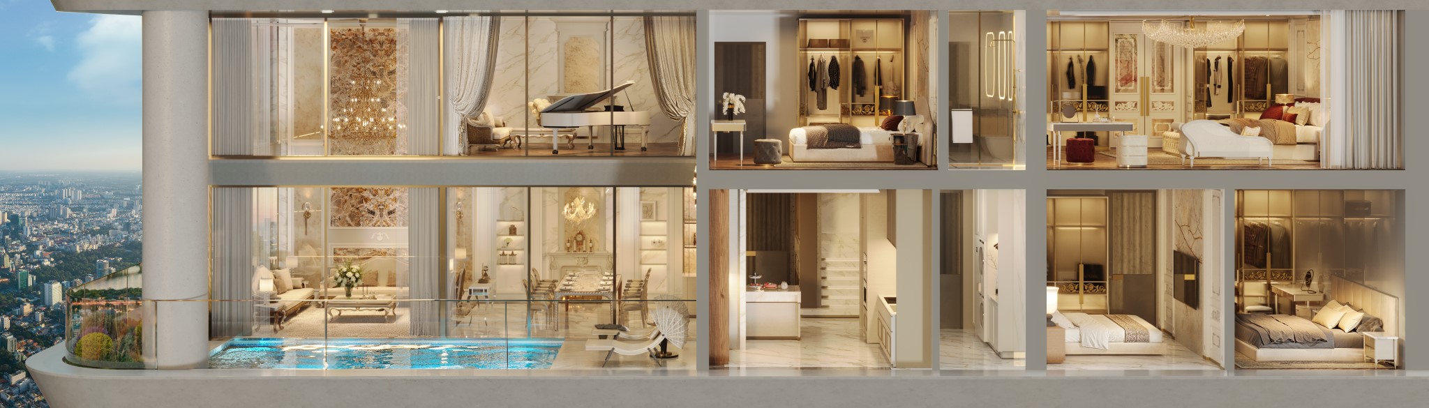 Mỗi căn duplex tích hợp hồ bơi, sân vườn riêng và không gian thông tầng, tái hiện trải nghiệm “biệt thự trên không”. Ảnh: DNCC.