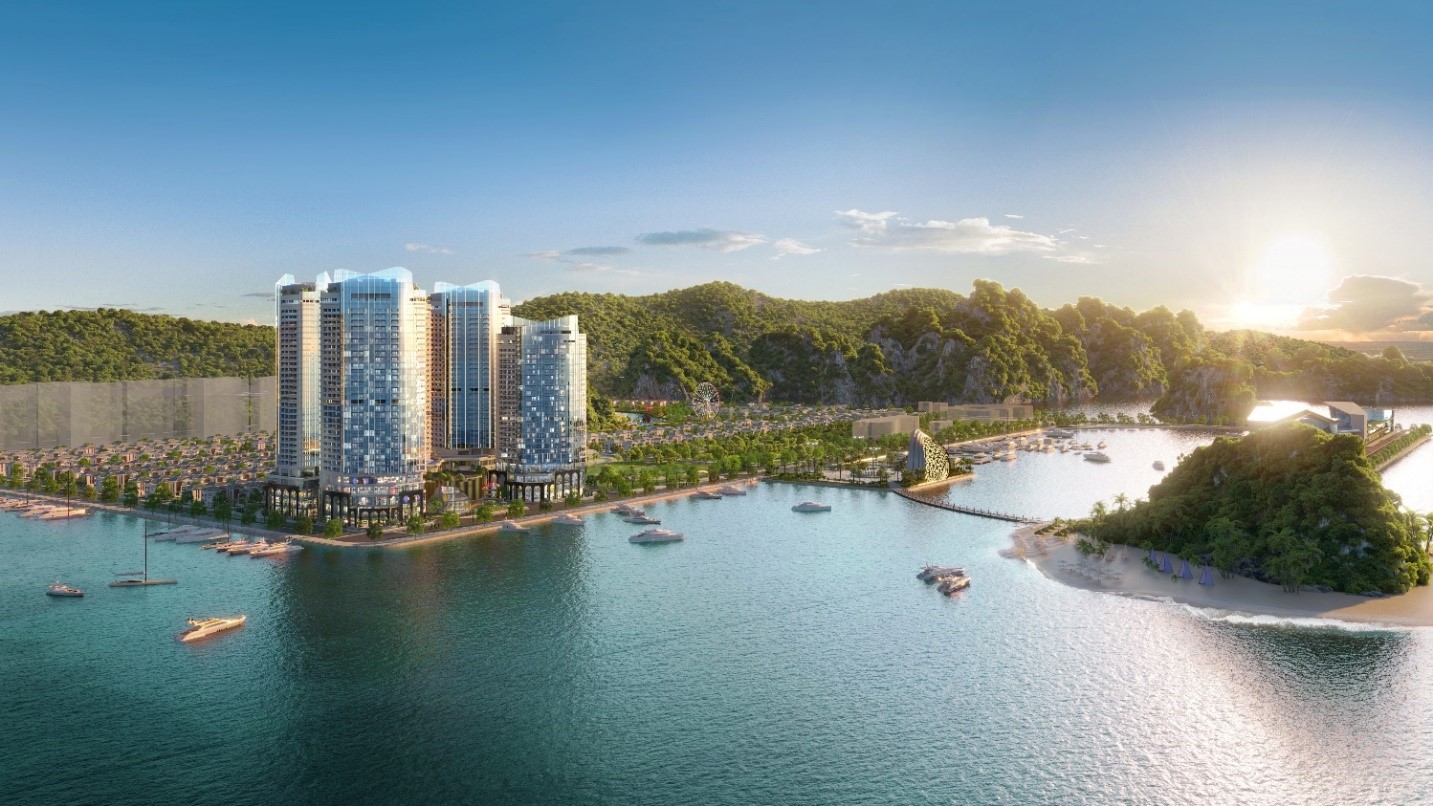Crystal Holidays Harbour Vân Đồn sở hữu vị trí độc quyền đắc địa nhất đặc khu Vân Đồn. Ảnh phối cảnh.