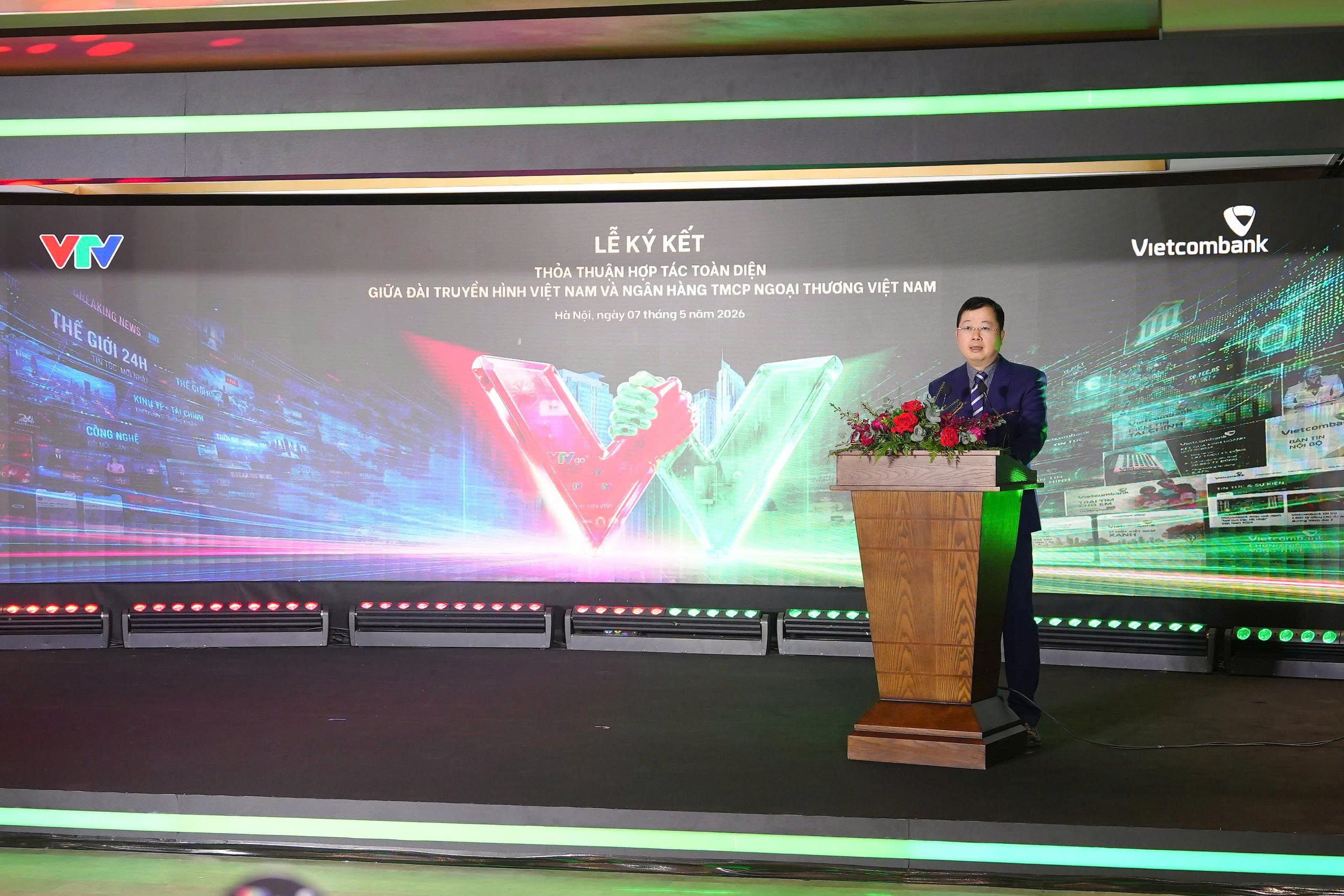 Ông Nguyễn Thanh Lâm - Ủy viên BCH Trung ương Đảng, Phó Trưởng ban Tuyên giáo và Dân vận Trung ương, Bí thư Đảng ủy,  Tổng giám đốc VTV phát biểu tại lễ ký kết. Ảnh:&nbsp;Vietcombank.
