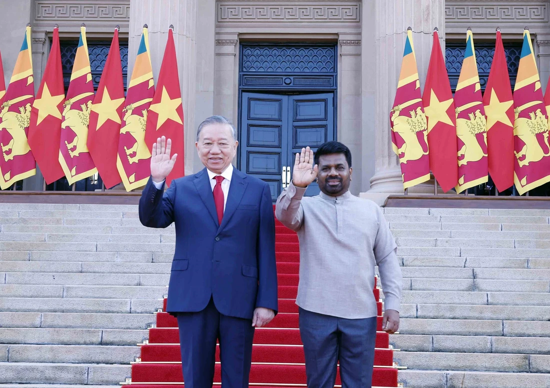 Tổng thống Sri Lanka Anura Kumara Dissanayake chủ trì lễ đón Tổng Bí thư, Chủ tịch nước Tô Lâm - Ảnh: TTXVN