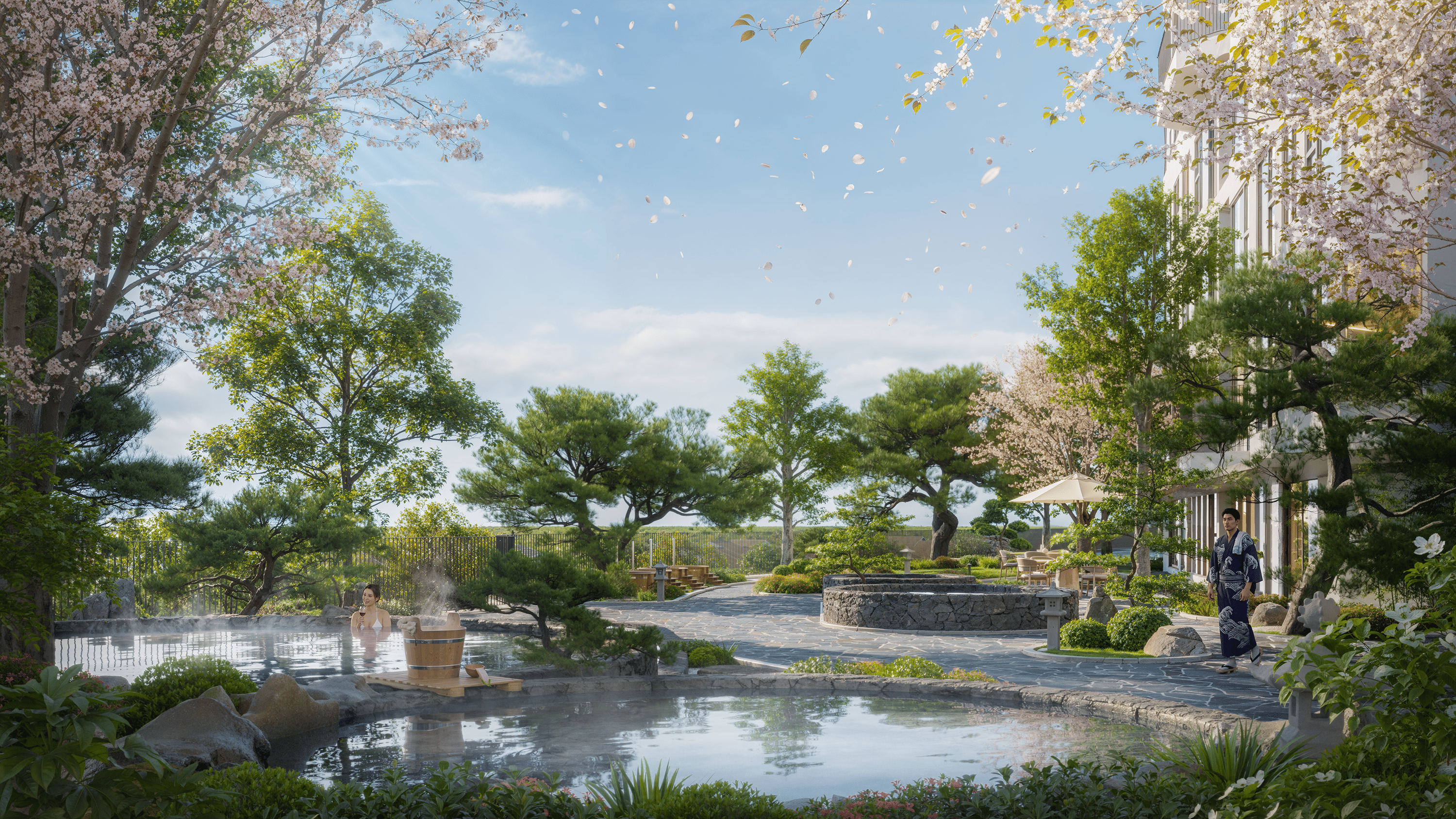 Ảnh phối cảnh bể khoáng ngoài trời tại Forest Onsen.