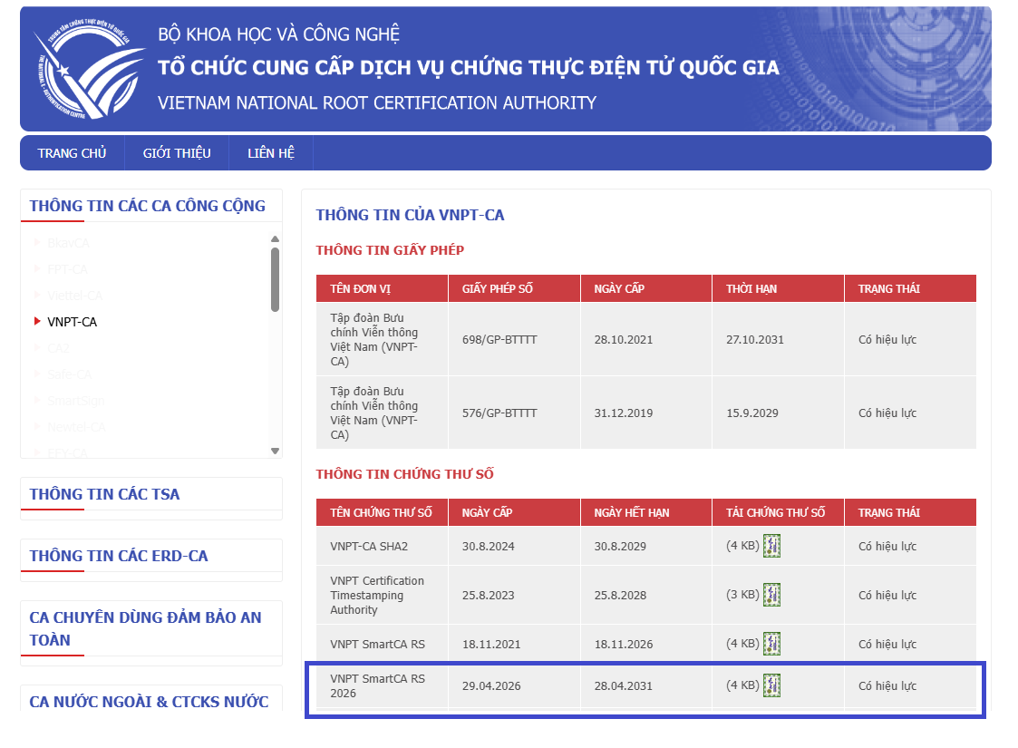 Công bố chứng thư số của VNPT SmartCA tại trang thông tin điện tử  httpsrootca.gov.vn.&nbsp;