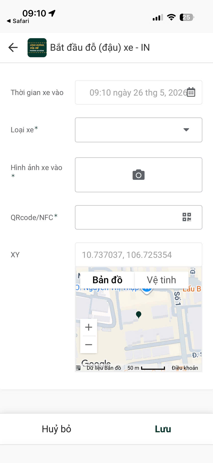 Giao diện Đăng ký để xe ô tô của&nbsp;ứng dụng 