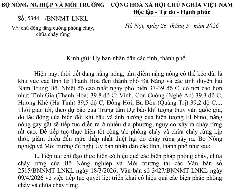 Công văn của Bộ Nông nghiệp và Môi trường.