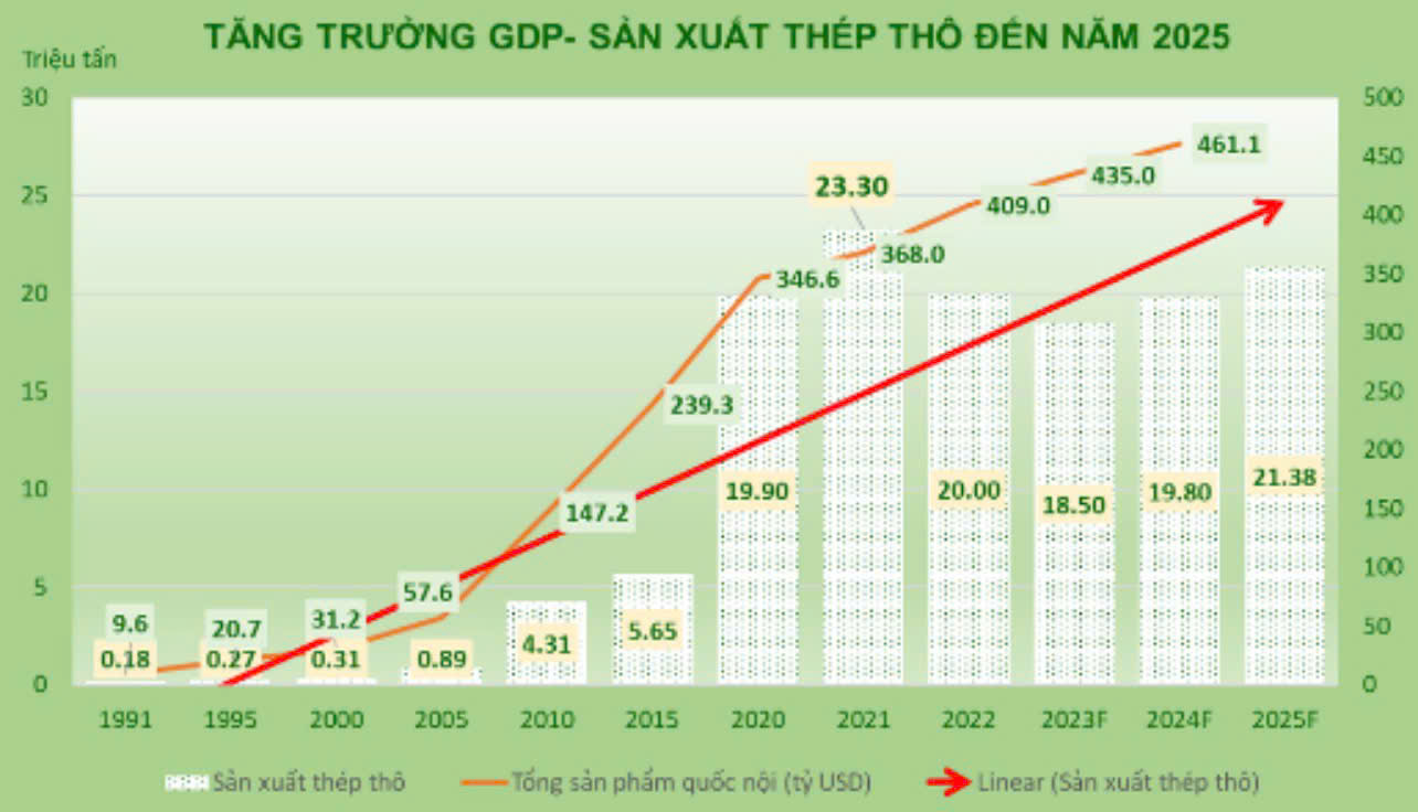 Tăng trưởng thép thô của Việt Nam từ năm 1991 - 2025 (VSA)