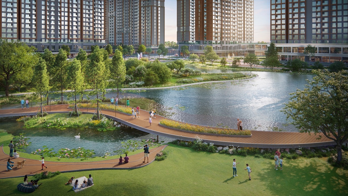 Hệ thống tiện ích ngoài trời ngập tràn sắc xanh được quy hoạch bài bản để mang đến không gian sống resort thực thụ. Ảnh:&nbsp;The Parkland.